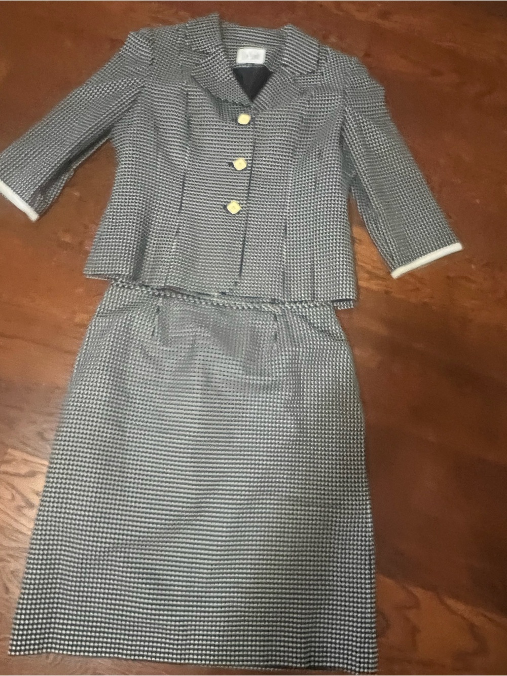 Le Suit Black and White Polka DotSkirt Suit with Gold Buttons